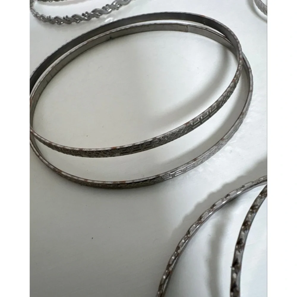 Vintage Silver Tone Textured Bangle Bracelet Set 11 Pieces Stackable Boho Etched